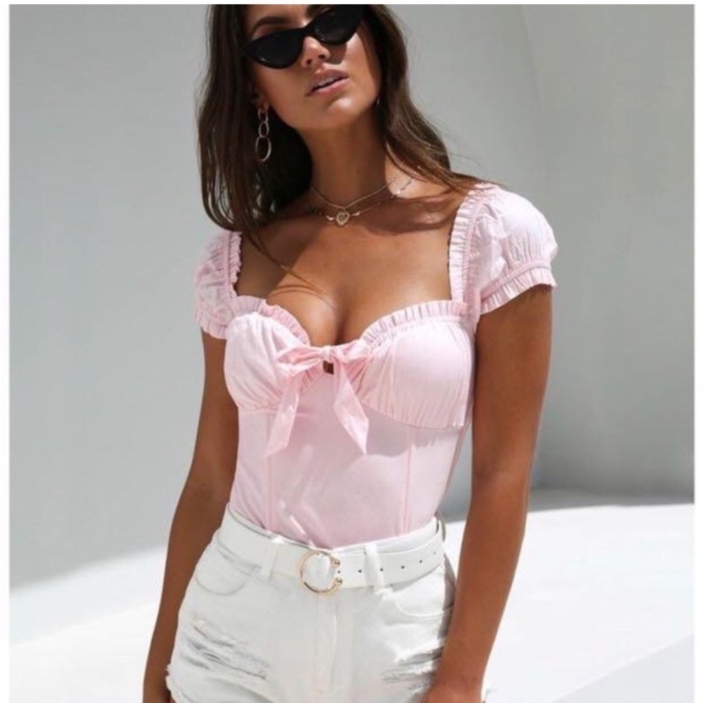 I.AM.GIA Naomi Corset Blush Pastel Pink Crop Top Bustier Bow Ruffle Trim Top S - Picture 3 of 10